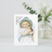Advertentielabel Victoriaans meisje met katje Brie Briefkaart (Staand voorkant)