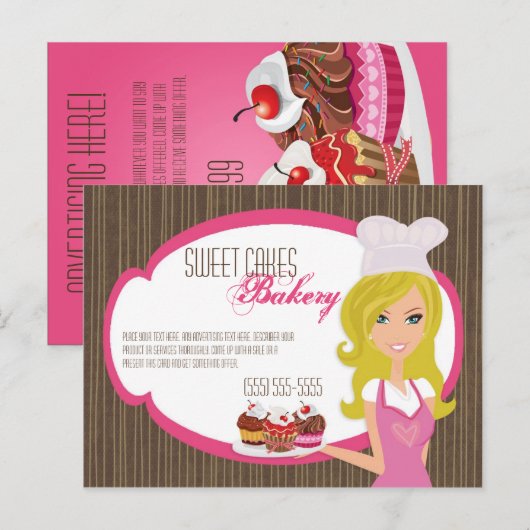 Adverteren Kaart Blonde Baker op Pink Cup Cakes (Voorkant / Achterkant)