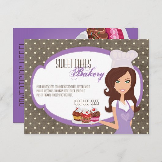 Adverteren kaart Brunette Baker Paars Cup Cakes (Voorkant / Achterkant)