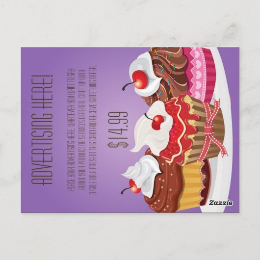 Adverteren kaart Brunette Baker Paars Cup Cakes (Achterkant)