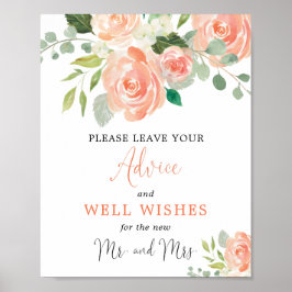 Advice and Well Wishes peach greenery bridal sign Poster