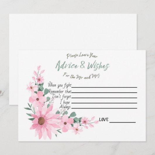 Advice and Wishes Bridal Shower Pink Flowers Card Advieskaart (Voorkant / Achterkant)