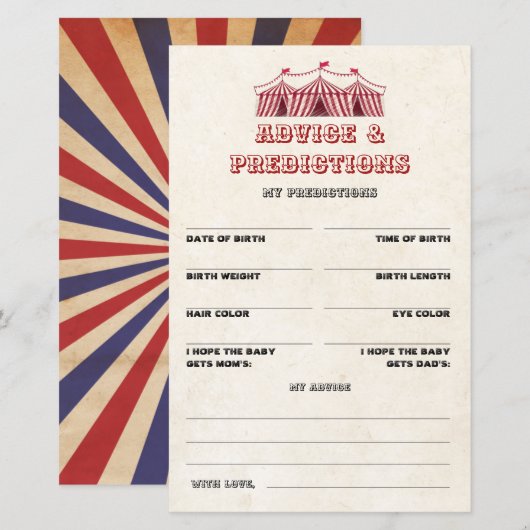 Advies en voorspellingen Circus Baby shower Game (Voorkant / Achterkant)