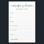 Advies en wenst Spaans<br><div class="desc">Deze eenvoudige, eucalyptuskleurige, moderne, minimale, handgeschreven script Spaans Advice & Wishes/Consejos y Deseos sheets zijn perfect om vrijgezellenfeest, repetitief diner of huwelijksgasten te laten invullen voor het gelukkige paar. Mensen zullen graag de herinneringen krijgen - ze maken het zo makkelijk om liefhebbende woorden van advies en welwillendheid achter te laten....</div>