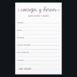 Advies en wenst Spaans<br><div class="desc">Deze eenvoudige, stoffige paarse, moderne, minimale, handgeschreven script Spaans Advice & Wishes/Consejos y Deseos sheets zijn perfect om vrijgezellenfeest, repetitief diner of huwelijksgasten te laten invullen voor het gelukkige paar. Mensen zullen graag de herinneringen krijgen - ze maken het zo makkelijk om liefhebbende woorden van advies en welwillendheid achter te...</div>