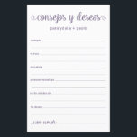 Advies en wenst Spaans<br><div class="desc">Deze eenvoudige, stoffige paarse, moderne, minimale, handgeschreven script Spaans Advice & Wishes/Consejos y Deseos sheets zijn perfect om vrijgezellenfeest, repetitief diner of huwelijksgasten te laten invullen voor het gelukkige paar. Mensen zullen graag de herinneringen krijgen - ze maken het zo makkelijk om liefhebbende woorden van advies en welwillendheid achter te...</div>