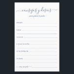 Advies en wenst Spaans<br><div class="desc">Deze eenvoudige, moderne, minimale, stoffige, blauwe handgeschreven script Consejos y Deseos-vellen zijn perfect voor je vrijgezellenfeest, repetitief diner of huwelijksgasten die het gelukkige paar invullen. Mensen zullen graag de herinneringen krijgen - ze maken het zo makkelijk om liefhebbende woorden van advies en welwillendheid achter te laten. Ze zullen nog jaren...</div>