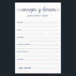 Advies en wenst Spaans<br><div class="desc">Deze eenvoudige, stoffige blauwe, moderne, minimale, handgeschreven script Spaans Advice & Wishes/Consejos y Deseos sheets zijn perfect om vrijgezellenfeest, repetitief diner of huwelijksgasten te laten invullen voor het gelukkige paar. Mensen zullen graag de herinneringen krijgen - ze maken het zo makkelijk om liefhebbende woorden van advies en welwillendheid achter te...</div>