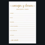 Advies en wenst Spaans<br><div class="desc">Deze eenvoudige, gouden, moderne, minimale, handgeschreven script Spaans Advice & Wishes/Consejos y Deseos sheets zijn perfect om vrijgezellenfeest, repetitief diner of huwelijksgasten te laten invullen voor het gelukkige paar. Mensen zullen graag de herinneringen krijgen - ze maken het zo makkelijk om liefhebbende woorden van advies en welwillendheid achter te laten....</div>