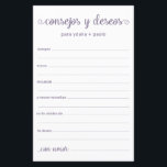 Advies en wenst Spaans<br><div class="desc">Deze eenvoudige, stoffige paarse, moderne, minimale, handgeschreven script Spaans Advice & Wishes/Consejos y Deseos sheets zijn perfect om vrijgezellenfeest, repetitief diner of huwelijksgasten te laten invullen voor het gelukkige paar. Mensen zullen graag de herinneringen krijgen - ze maken het zo makkelijk om liefhebbende woorden van advies en welwillendheid achter te...</div>