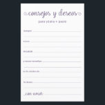 Advies en wenst Spaans<br><div class="desc">Deze eenvoudige, stoffige paarse, moderne, minimale, handgeschreven script Spaans Advice & Wishes/Consejos y Deseos sheets zijn perfect om vrijgezellenfeest, repetitief diner of huwelijksgasten te laten invullen voor het gelukkige paar. Mensen zullen graag de herinneringen krijgen - ze maken het zo makkelijk om liefhebbende woorden van advies en welwillendheid achter te...</div>