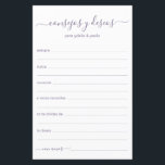 Advies en wenst Spaans<br><div class="desc">Deze eenvoudige, moderne, minimale, stoffige paarse handgeschreven script Consejos y Deseos-vellen zijn perfect voor je vrijgezellenfeest, repetitief diner of huwelijksgasten die het gelukkige paar invullen. Mensen zullen graag de herinneringen krijgen - ze maken het zo makkelijk om liefhebbende woorden van advies en welwillendheid achter te laten. Ze zullen nog jaren...</div>