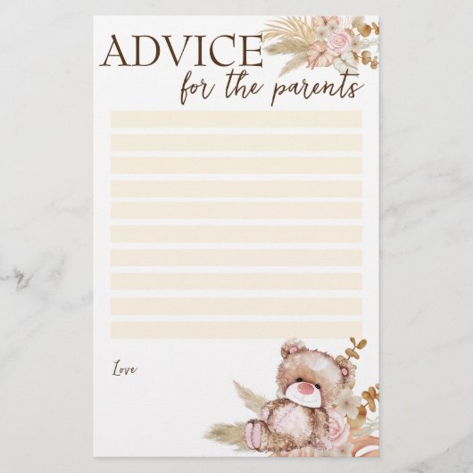 advies van de baby shower van de ouders teddy beer briefpapier (Voorkant)