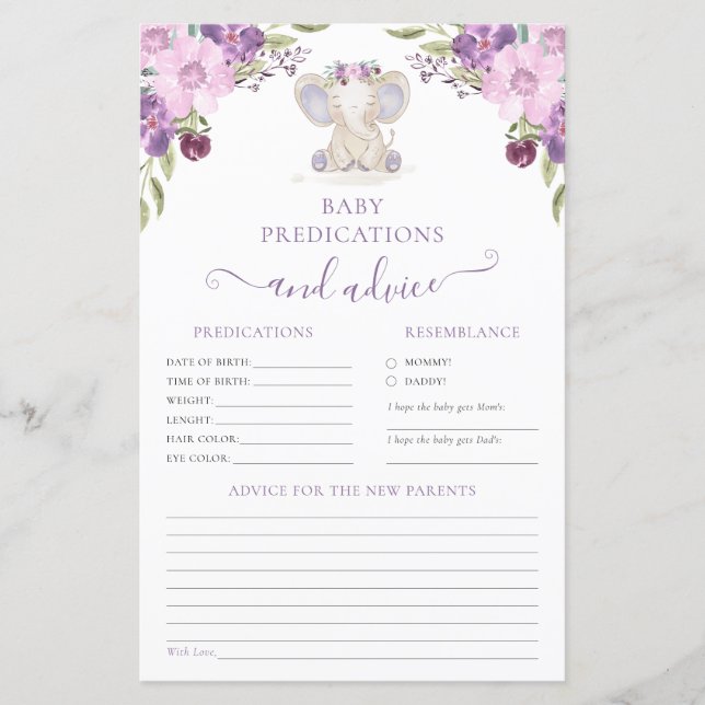 Advies voor ouders Elephant Girl Baby shower Game (Voorkant)