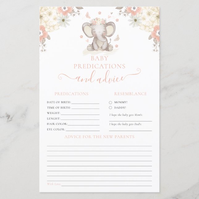 Advies voor ouders Olifant meisje baby shower spel (Voorkant)