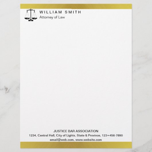 Advocaat bij de wet Gold Metal Legal Scale Lawyer Briefhoofd (Voorkant)