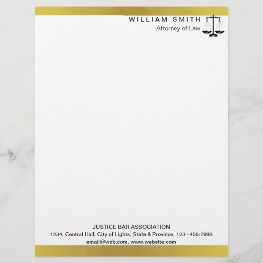 Advocaat bij de wet Gold Metal Legal Scale Lawyer Briefhoofd (Voorkant)