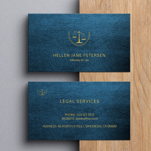 Advocaat luxe elegante gouden blauwe lederen look visitekaartje