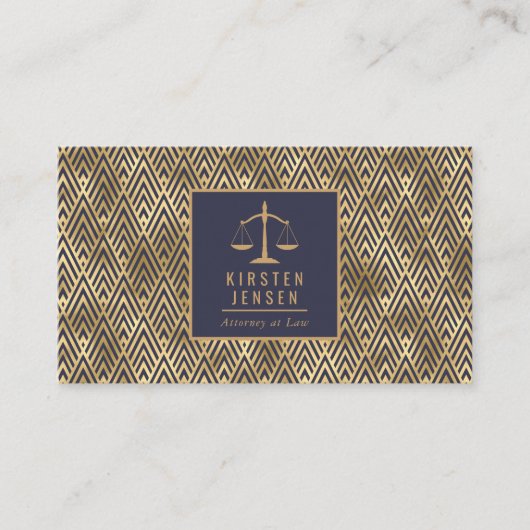 Advocaat QR-code blauw goud geometrisch deco patro Visitekaartje (Voorkant)