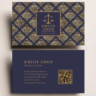 Advocaat QR-code donkerblauw goud damastpatroon Visitekaartje