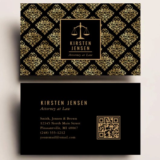 Advocaat QR-code zwart goud damastpatroon Visitekaartje