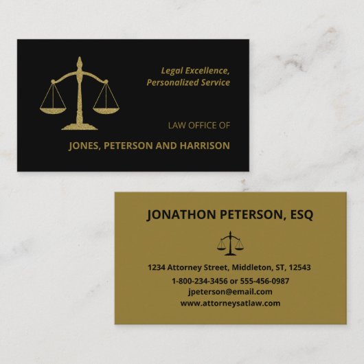 Advocaat Schaal van Justitie Gold Look Black Visitekaartje (Voorkant / Achterkant)