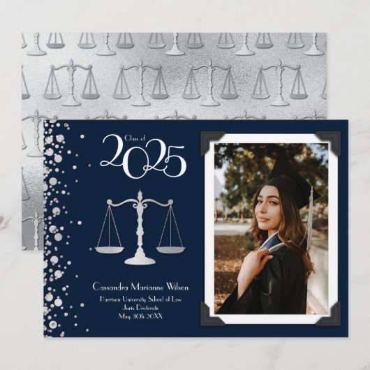 Advocaat School Silver Afstuderen Navy Blue Invi Kaart (Voorkant / Achterkant)