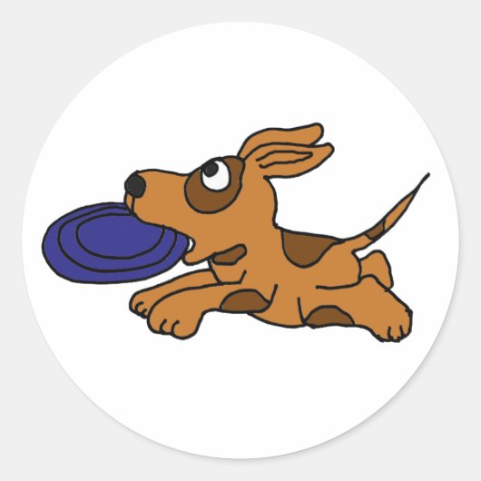 AE- Grappige bruine puppy hond vangen frisbee Ronde Sticker (Voorkant)