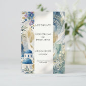 Aegean Blue Santorini Save The Date Kaart (Staand voorkant)