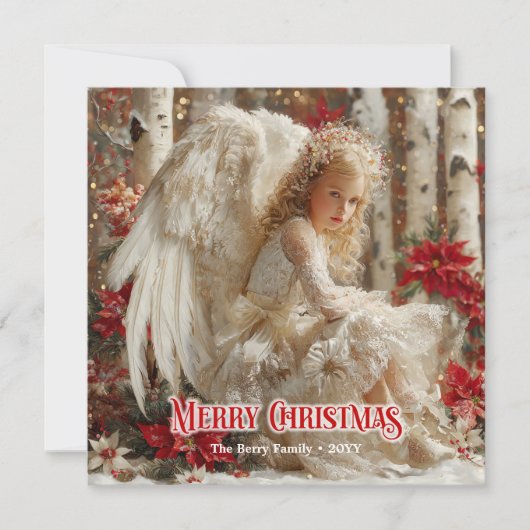 Aerial Christmas angel red poinsettias ethereal Feestdagenkaart (Voorkant)