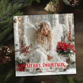 Aerial Christmas angel red poinsettias ethereal Feestdagenkaart