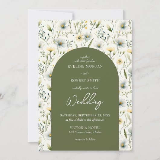 Aerial olijfgroen en witte wilde bloemen gebogen kaart (Voorkant)