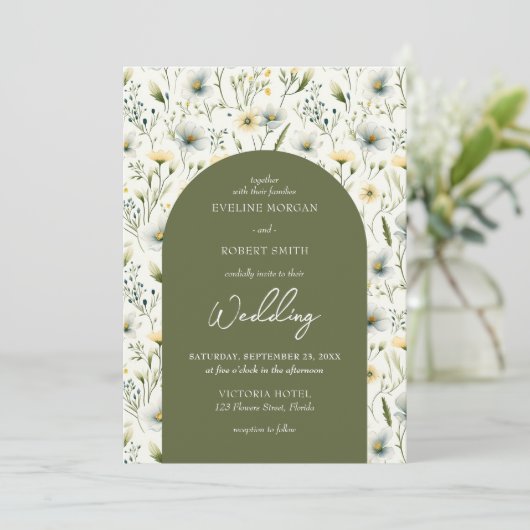 Aerial olijfgroen en witte wilde bloemen gebogen kaart (Staand voorkant)