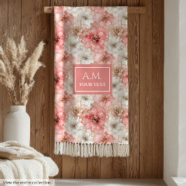 Aerial Pink and Gold Modern Ink Flowers Monogram Fleece Deken