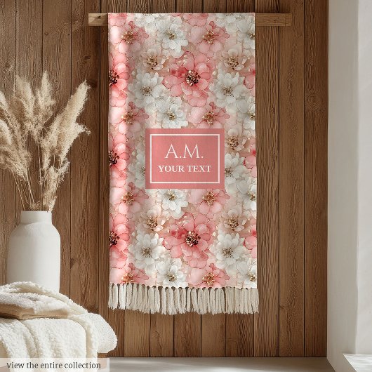 Aerial Pink and Gold Modern Ink Flowers Monogram Fleece Deken