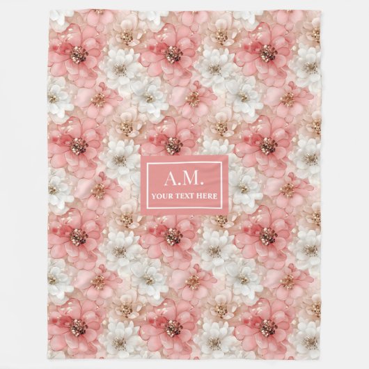 Aerial Pink and Gold Modern Ink Flowers Monogram Fleece Deken (Voorkant)