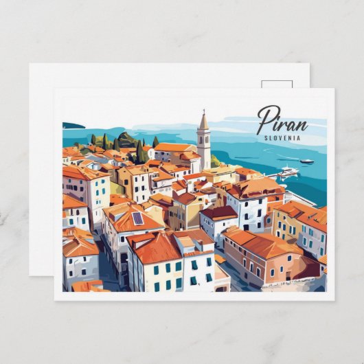 Aerial Uitzicht Piran Slovenië Illustratie Reizen Briefkaart (Voorkant / Achterkant)