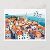 Aerial Uitzicht Piran Slovenië Illustratie Reizen Briefkaart (Voorkant)