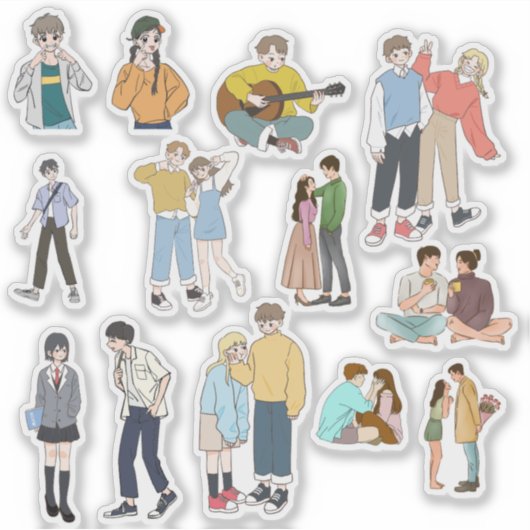 Aesthetic Anime Couple & Friends Casual Life Vinyl Sticker (Voorkant)