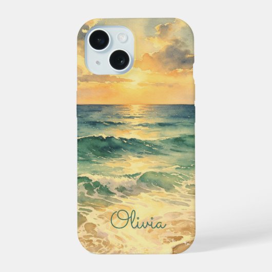 Aesthetic Beach Sunset Watercolor Custom Name iPhone 15 Case (Achterkant)