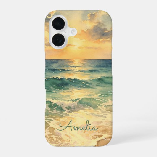 Aesthetic Beach Sunset Watercolor Custom Name iPhone 16 Hoesje (Achterkant)