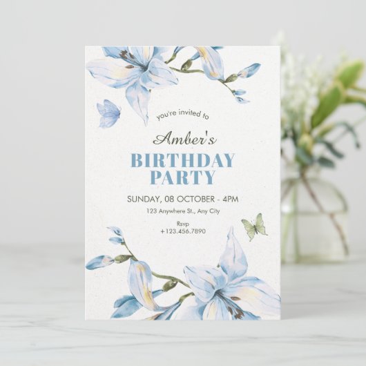 Aesthetic blue flower bloom birthday kaart (Staand voorkant)