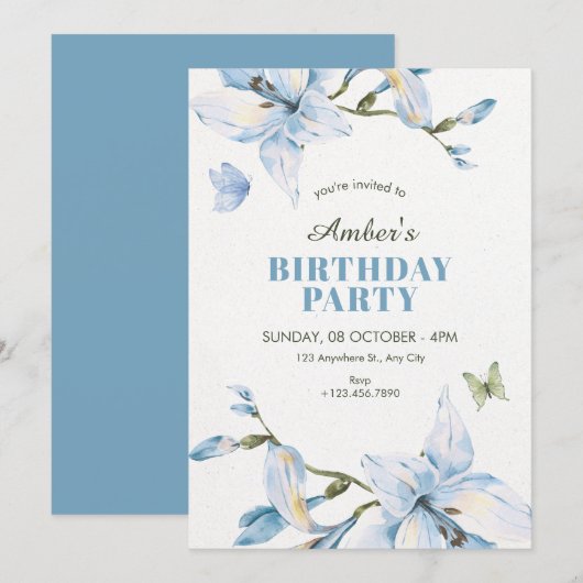 Aesthetic blue flower bloom birthday kaart (Voorkant / Achterkant)
