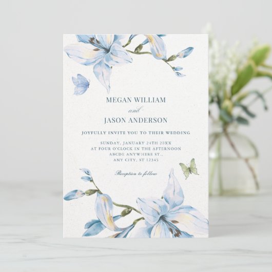 Aesthetic blue flower bloom wedding kaart (Staand voorkant)