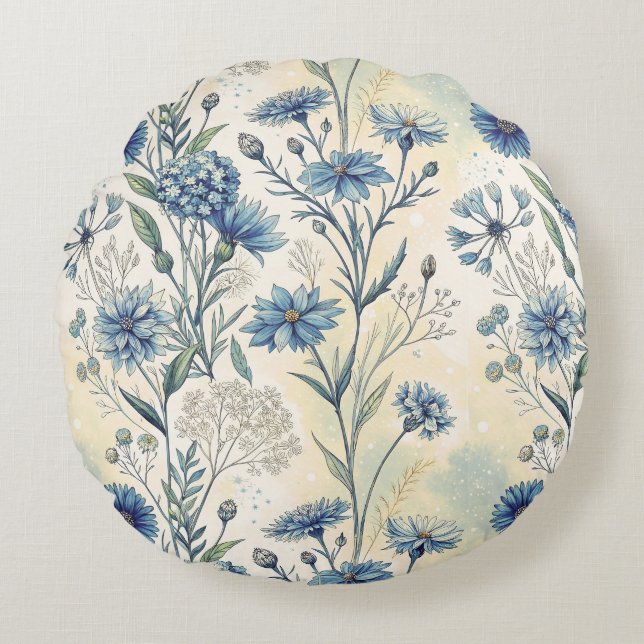 Aesthetic Blue Wildflowers Rond Kussen (Voorkant)