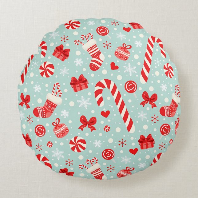 Aesthetic Christmas Pattern Candy Rond Kussen (Voorkant)