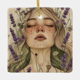Aesthetic Cottagecore Girl with Wildflowers Art Keramisch Ornament