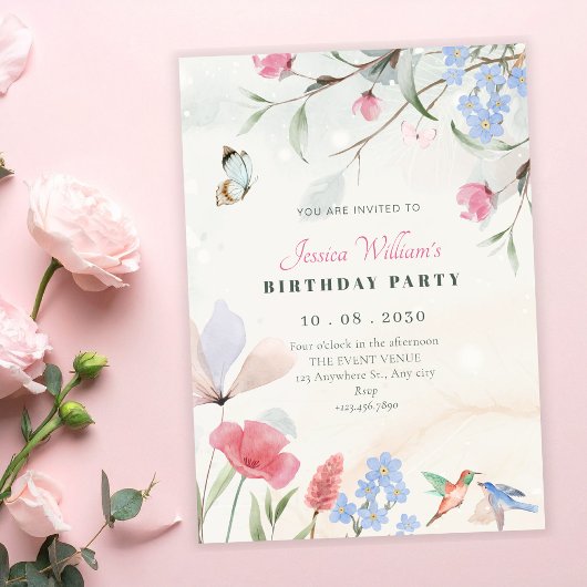 Aesthetic garden floral, bird, butterfly birthday kaart