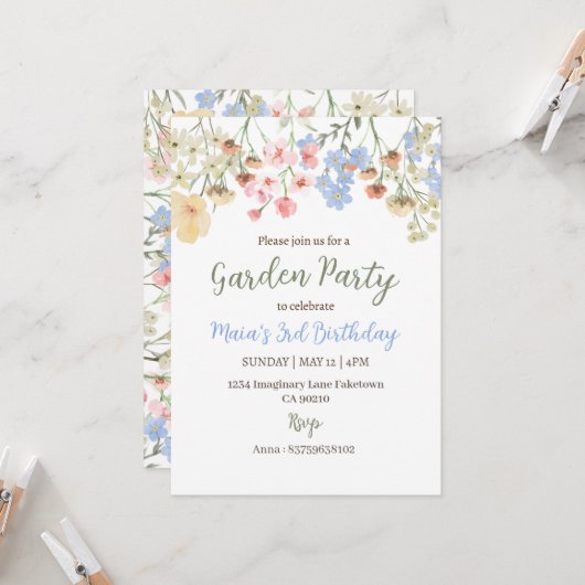 Aesthetic Garden Party Floral Birthday Invitation Kaart (Voorkant / Achterkant in situ)