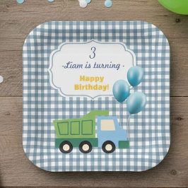 Aesthetic Gingham Blue Construction 3rd Birthday  Papieren Bordje